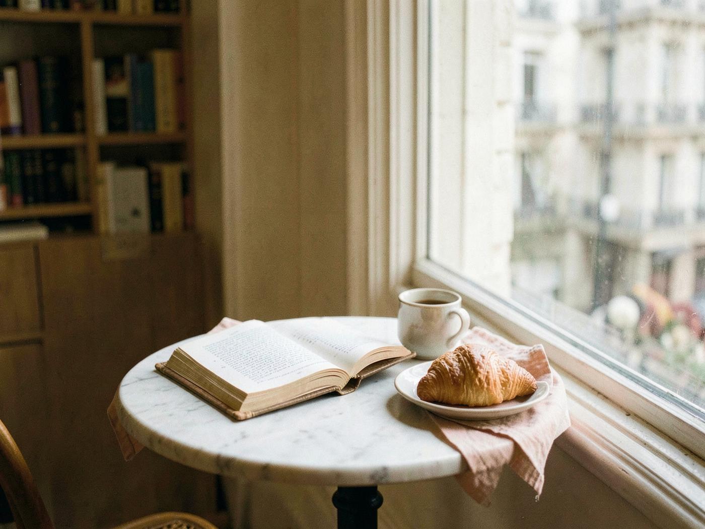 An open book, coffee, and croissant on a café table by a sunlit window
